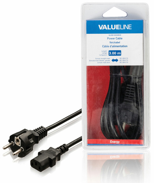 Valueline VLEB10030B30 3m Power plug type F C13 coupler Black power cable