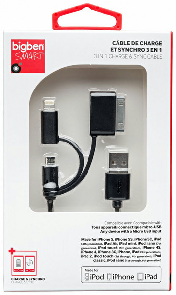 Bigben Interactive CABLE3EN1 1m USB A Micro-USB B/Apple 30-p/Lightning Black USB cable
