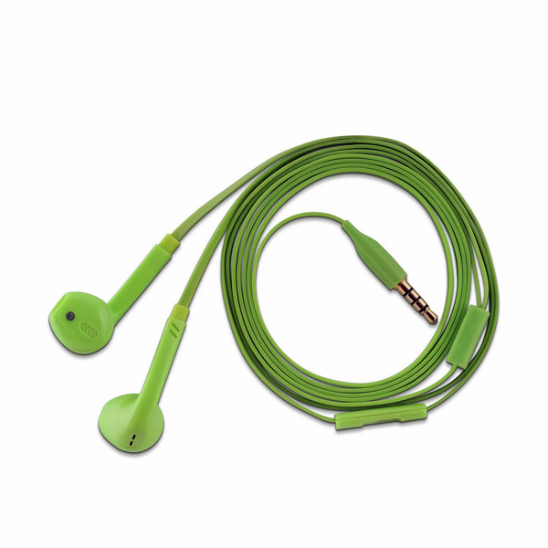 V7 In-Ear Stereo Earbuds Green with In-line Microphone - handsfree, tangle free with flat cable design
