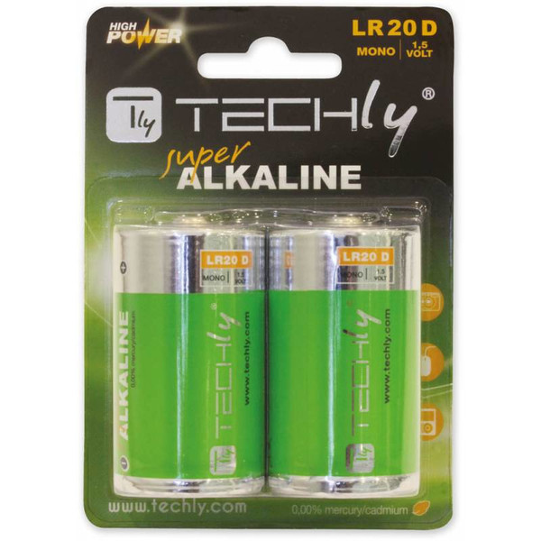 Techly Blister 2 Alkaline Batteries High Power Torch D LR20 1.5V IBT-KAL-LR20T
