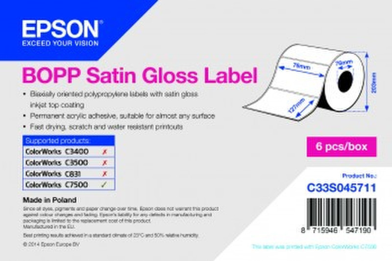 Epson BOPP Satin Gloss 76mm x 127mm, 1150