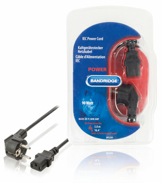 Bandridge BPL2305 5m C13 coupler CEE7/7 Schuko Black power cable