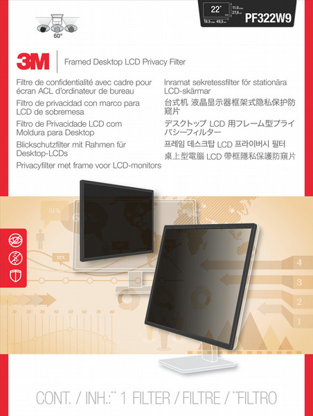 3M PF322W9 22" Monitor Framed display privacy filter