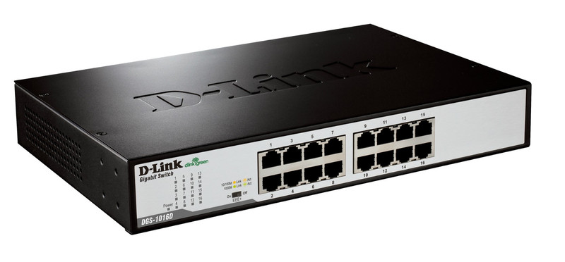 D-Link DGS-1016D/E Неуправляемый Черный, Металлический сетевой коммутатор