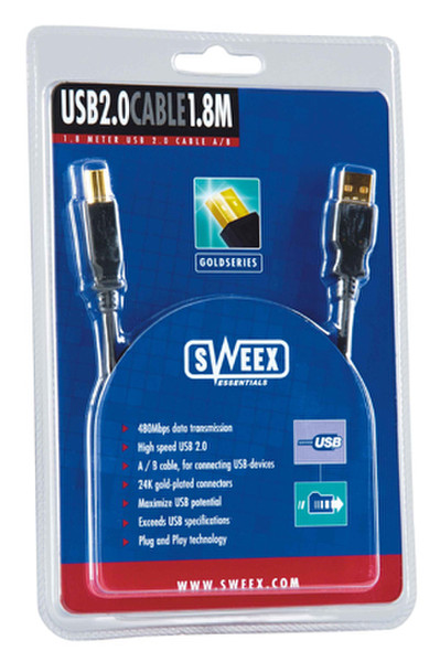 Sweex USB 2.0 Cable AM/BM 1.8M Gold 1.8м кабель USB