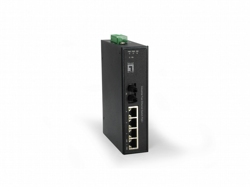 LevelOne 5-Port Industrial Fast Ethernet PoE Switch, 4 PoE Outputs, 802.3at PoE+, 1 Port ST Multi-Mode Fiber, 2km, 126W