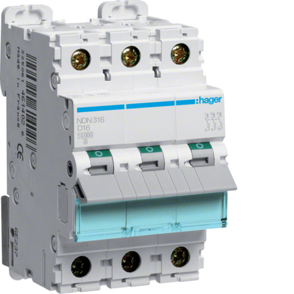 Hager NDN316 D-type 3P 3module(s) circuit breaker