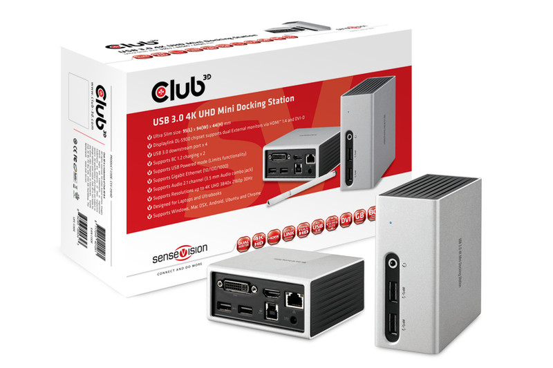 CLUB3D SenseVision USB 3.0 4K UHD Mini Docking Station notebook dock/port replicator