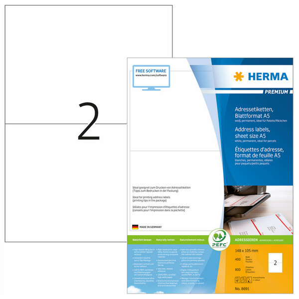 HERMA Address labels Premium sheetsize A5 105x148 mm white paper matt 800 pcs.