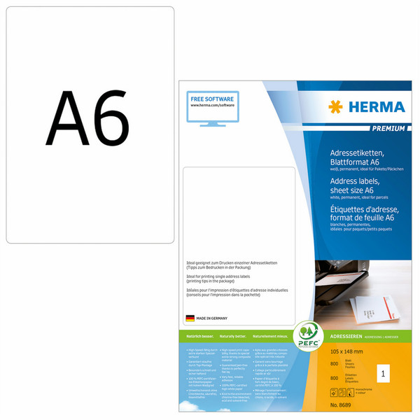 HERMA Address labels Premium sheetsize A6 105x148 mm white paper matt 800 pcs.