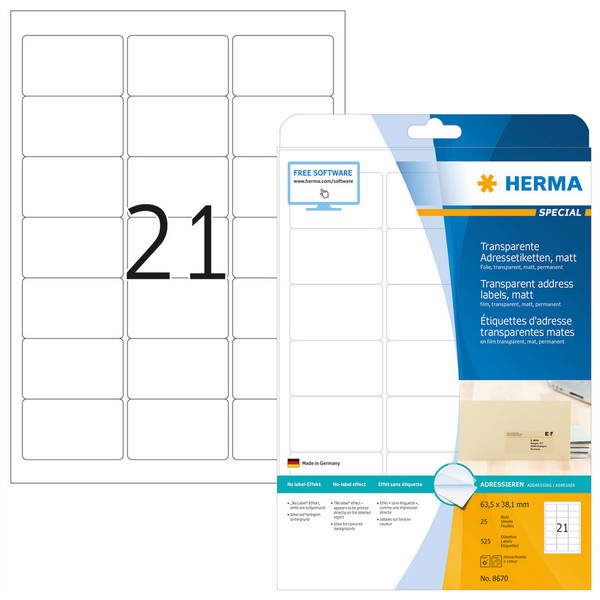 HERMA Address labels transparent matt A4 63.5x38.1 mm round corners film 525 pcs.