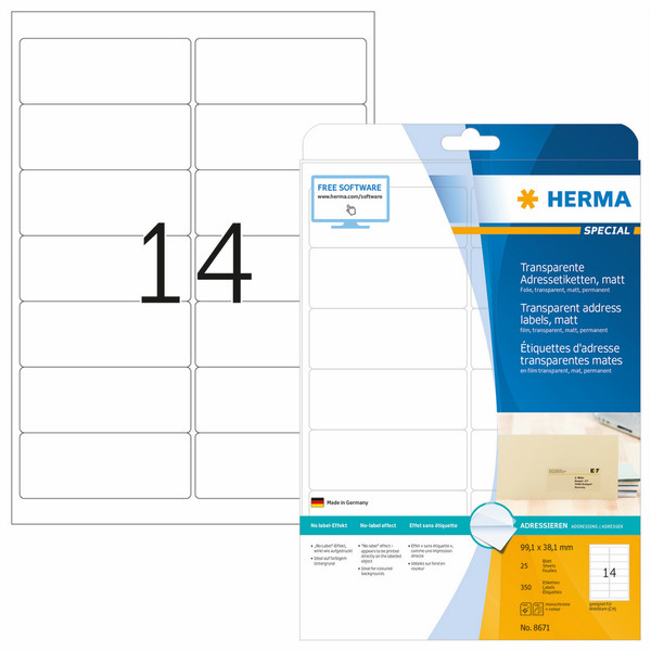 HERMA Address labels transparent matt A4 99.1x38.1 mm round corners film 350 pcs.