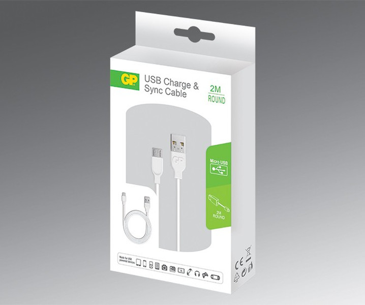 GP Batteries 2m, USB-A/USB Micro-B 2м USB A Micro-USB B Белый
