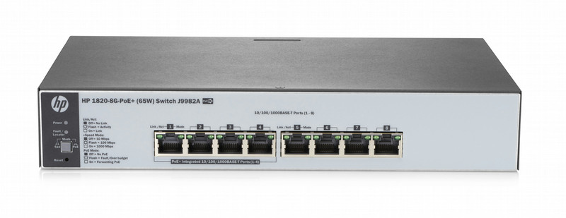 HP 1820-8G-PoE+ (65W) Управляемый L2 Gigabit Ethernet (10/100/1000) Power over Ethernet (PoE) 1U Серый