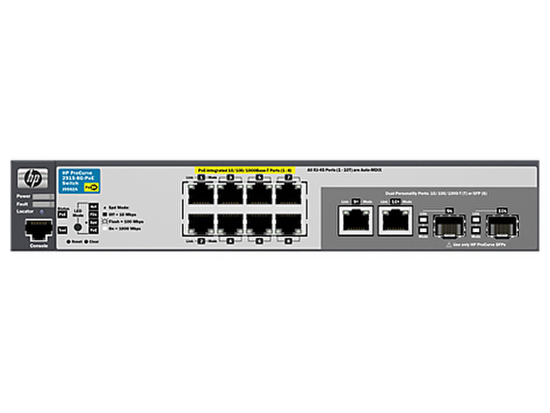 Hewlett Packard Enterprise Aruba 2915 8G PoE Управляемый L3 Gigabit Ethernet (10/100/1000) Power over Ethernet (PoE) 1U Серый