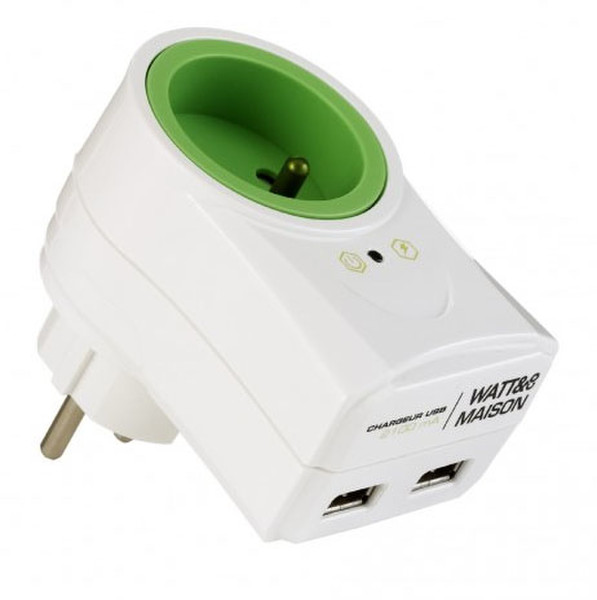 WATT&CO P360-USB2-B Тип E Тип E Зеленый, Белый адаптер сетевой вилки