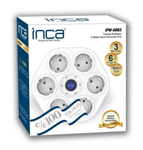 Inca IPW-06B3 6розетка(и) 250В 3м Белый сетевой фильтр