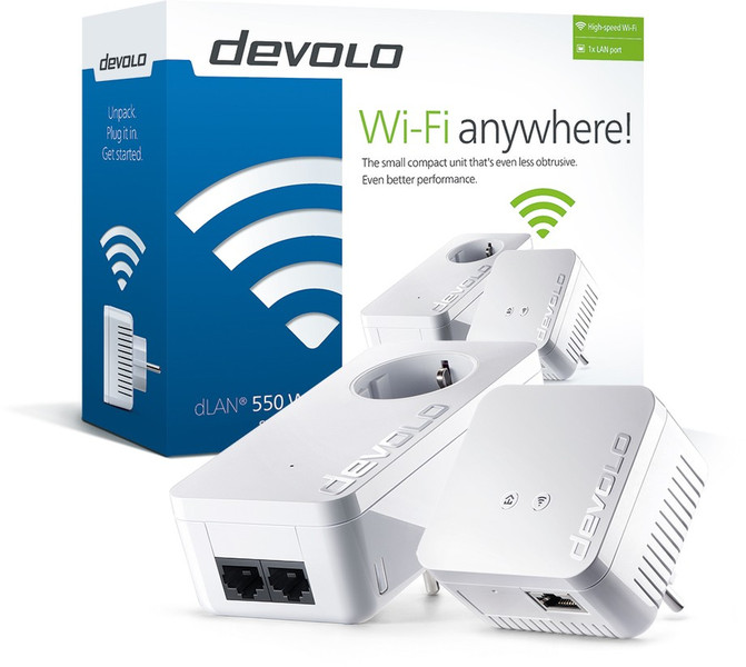 Devolo dLAN 550 WiFi Starter Kit 500Mbit/s Eingebauter Ethernet-Anschluss WLAN Weiß 2Stück(e) PowerLine Netzwerkadapter