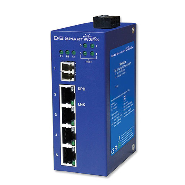 B&B Electronics ESWP205-1SFP-T Неуправляемый Fast Ethernet (10/100) Power over Ethernet (PoE) Синий сетевой коммутатор