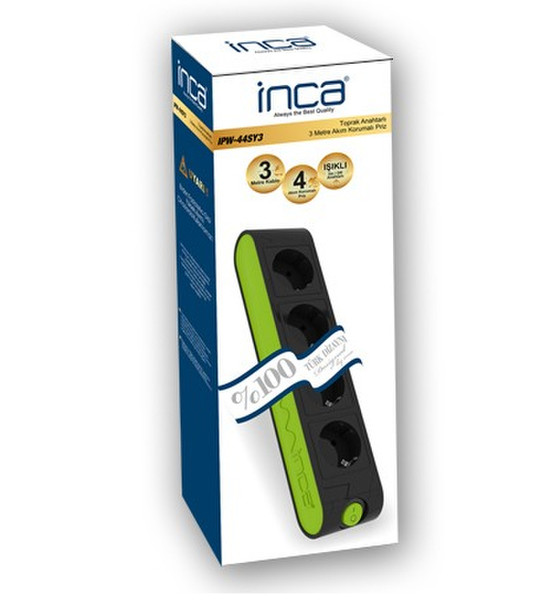 Inca IPW-44YS3 4розетка(и) 250В 3м Черный, Зеленый сетевой фильтр