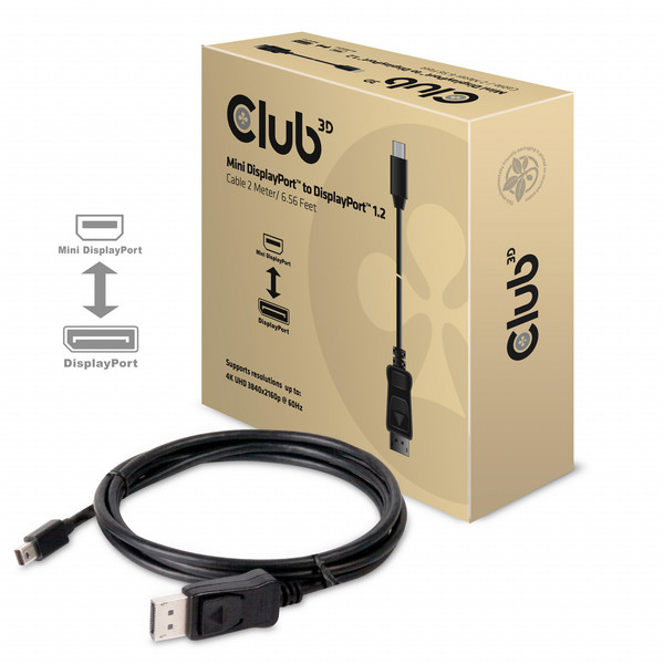 CLUB3D Mini DisplayPort to DisplayPort 1.2 Cable 4K60Hz M/M 2Meter Bi-Directional