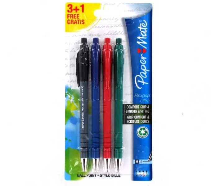 Papermate FlexGrip Ultra 3+1 Clip-on retractable ballpoint pen Fein / Mittel Schwarz, Blau, Grün, Rot 4Stück(e)