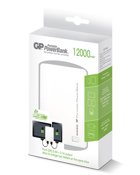 GP Batteries Portable PowerBank 405079 Литий-ионная (Li-Ion) 12000мА·ч Белый внешний аккумулятор