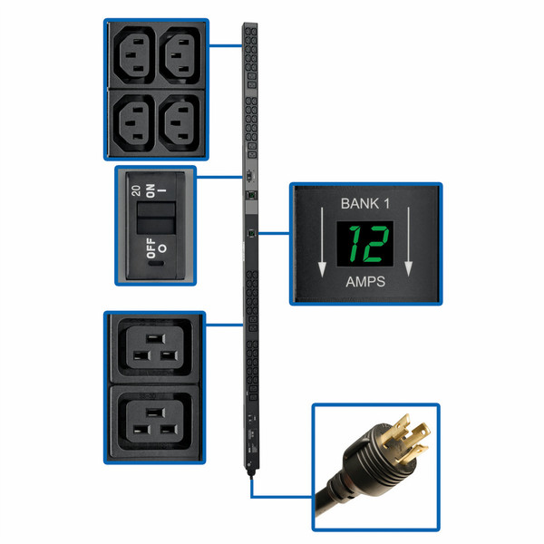 Tripp Lite 5.8kW Single-Phase Metered PDU, 208/240V Outlets (8 C19 and 40 C13), L6-30P, 10 ft. Cord, 0U Vertical, TAA, 70 in.