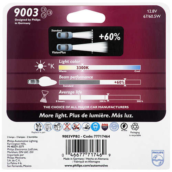 Philips VisionPlus 9003VPB2 67W Halogen P43t-38 car light bulb