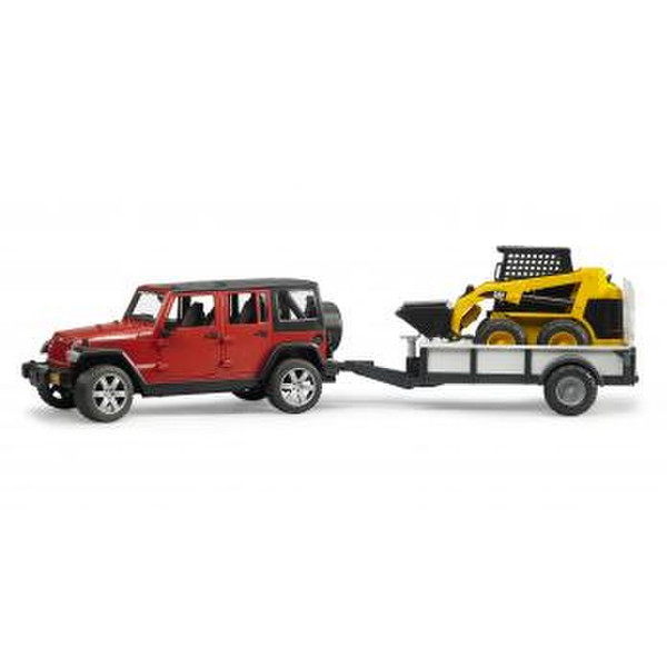 BRUDER JEEP Wrangler Unlimited Rubicon with one axle trailer and Cat skid steer loader