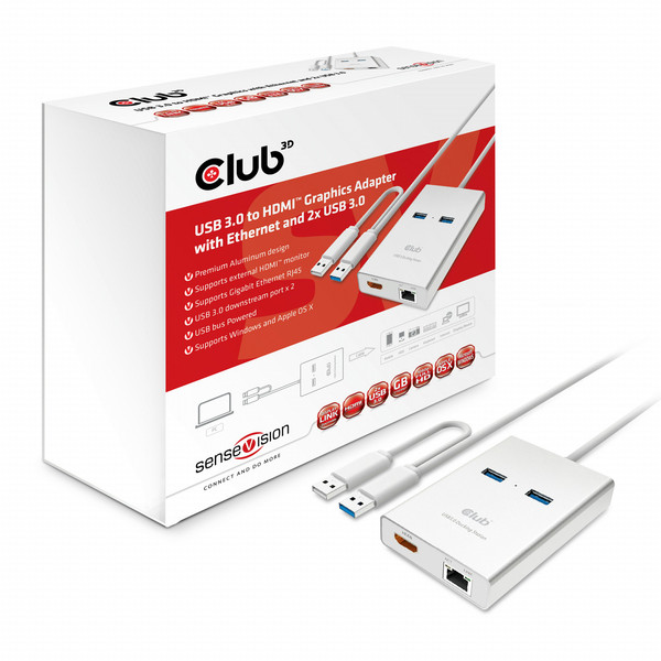 CLUB3D USB 3.0 to HDMI™ Graphics + 3 x USB 3.0 Aluminium,Silver notebook dock/port replicator