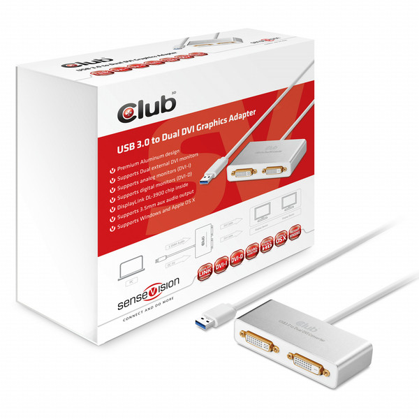 CLUB3D USB 3.0 to DUAL DVI + Audio 3.5mm 2048 x 1152пикселей Алюминиевый, Cеребряный USB графический адаптер