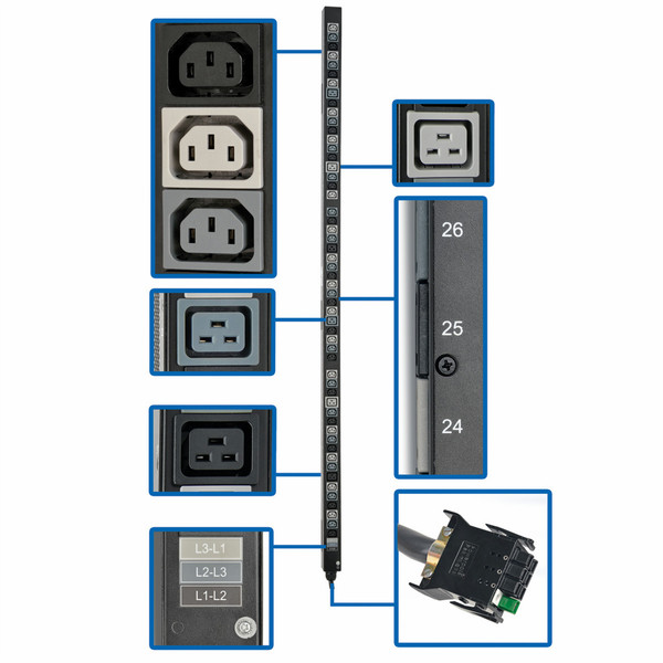 Tripp Lite 8.6/12.6kW 3-Phase Vertical PDU Strip, 208V Outlets (42 C13 & 12 C19), 0U Rack-Mount, Accessory for Select ATS PDUs