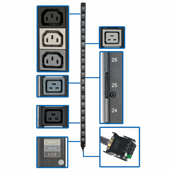 Tripp Lite 8.6/12.6kW 3-Phase Vertical PDU Strip, 208V Outlets (48 C13 & 6 C19), 0U Rack-Mount, Accessory for Select ATS PDUs