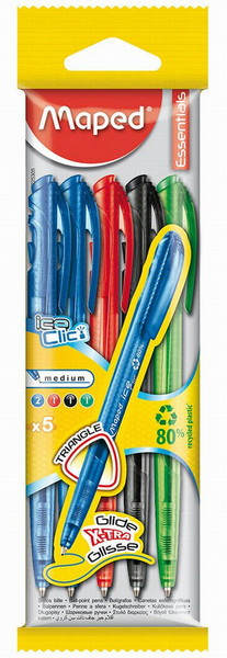 Maped 225305 Clip-on retractable ballpoint pen Черный, Синий, Зеленый, Красный 5шт шариковая ручка