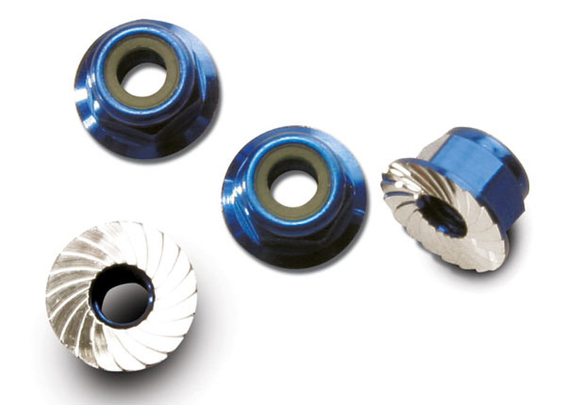 Traxxas Blue-anodized aluminum 4mm flanged, serrated lock nuts (4)