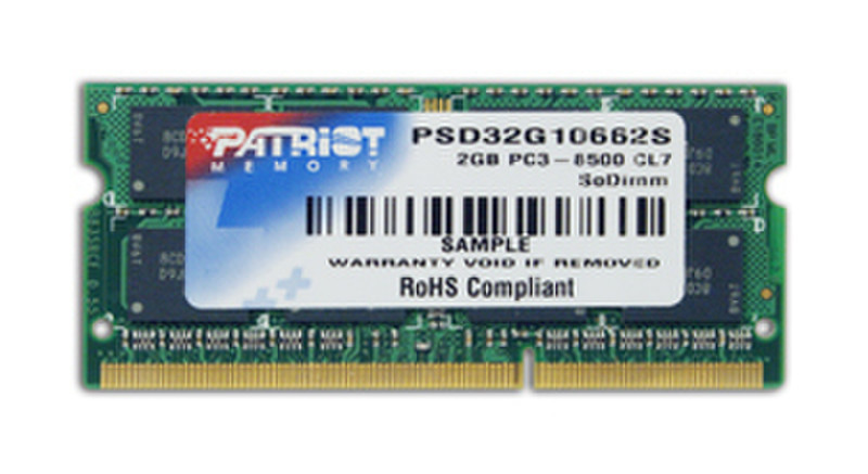 Patriot Memory 2GB DDR3 PC3-8500 Single Kit 2GB DDR3 1066MHz Speichermodul