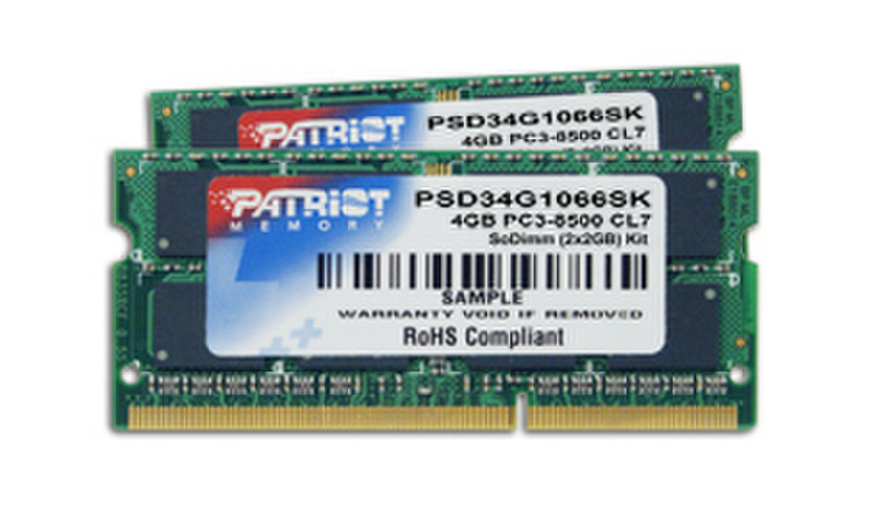 Patriot Memory 4GB DDR3 PC3-8500 SODIMM kit 4ГБ DDR3 1066МГц модуль памяти