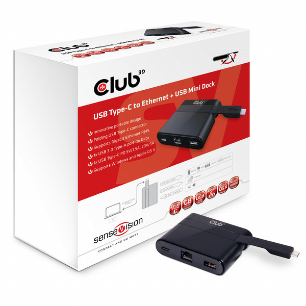 CLUB3D Mini Dock USB Type-C to Ethernet + USB3.0 + USB Type C for Charging notebook dock/port replicator
