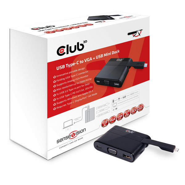 CLUB3D Mini Dock USB Type-C to VGA + USB3.0 + USB Type C Charging notebook dock/port replicator