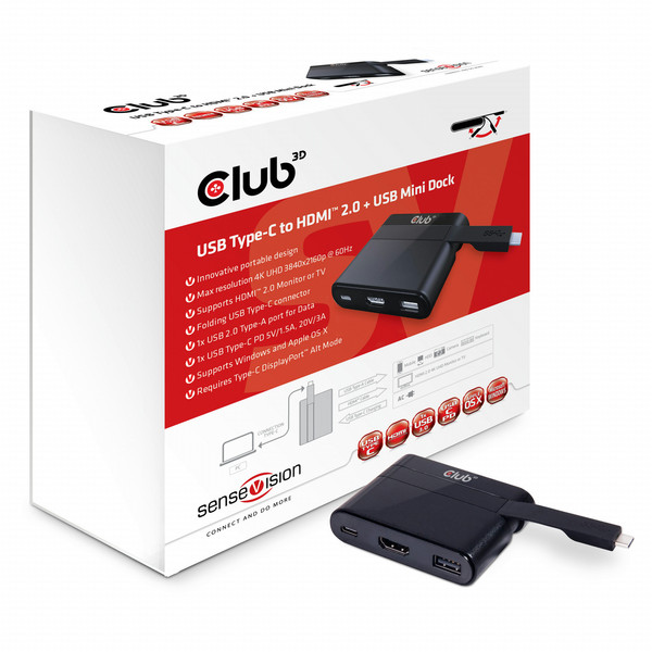CLUB3D Mini Dock USB Type-C to HDMI2.0 + USB2.0 + USB Type C Charging notebook dock/port replicator