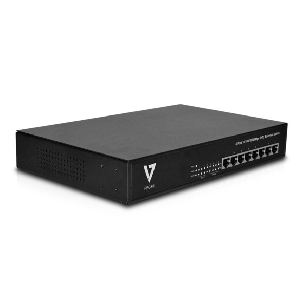 V7 PEGS8-1E Неуправляемый L2 Gigabit Ethernet (10/100/1000) Power over Ethernet (PoE) Черный сетевой коммутатор