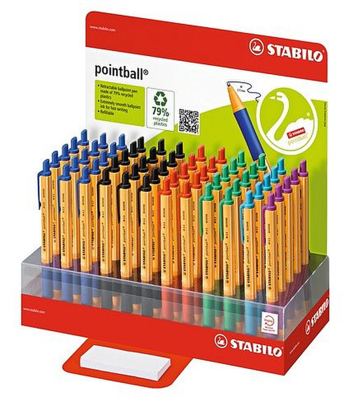 Stabilo pointball Clip-on retractable ballpoint pen Черный, Синий, Зеленый, Красный, Бирюзовый, Фиолетовый 60шт