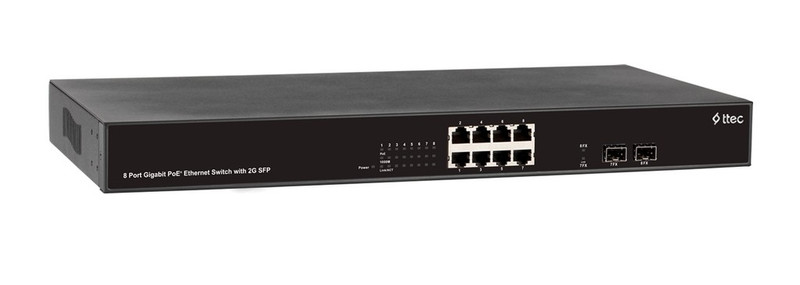 Ttec PSG08-2CR Unmanaged L2 Gigabit Ethernet (10/100/1000) Power over Ethernet (PoE) Black network switch