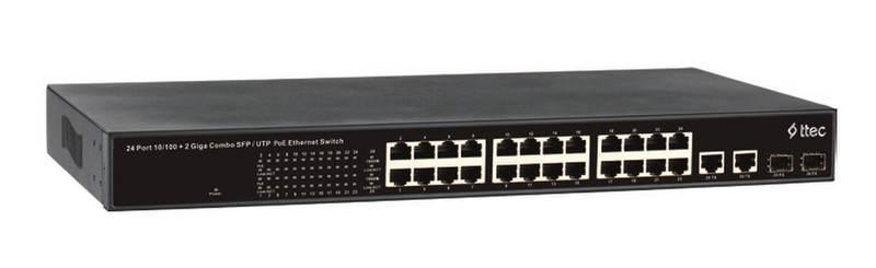 Ttec PSF24-2CR ungemanaged L2 Fast Ethernet (10/100) Energie Über Ethernet (PoE) Unterstützung Schwarz Netzwerk-Switch