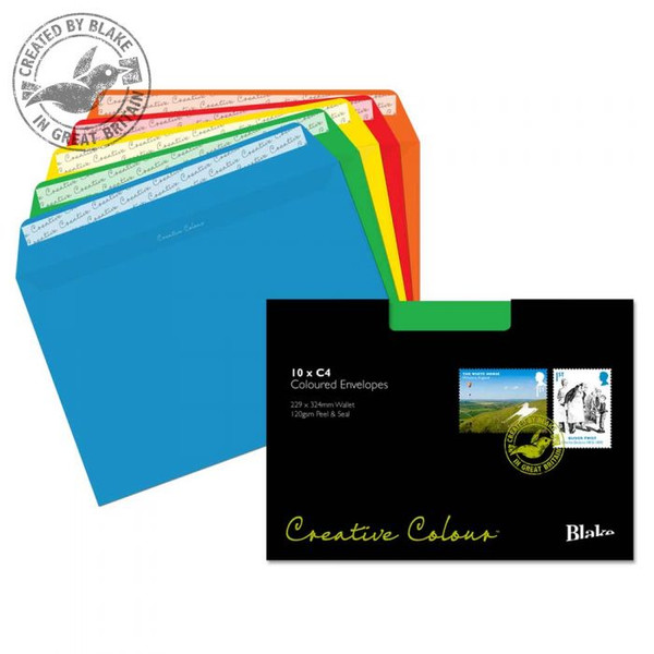 Blake Creative Colour Wallet Peel and Seal Assorted Colours C4 229x324mm 120gsm (Pack 10)