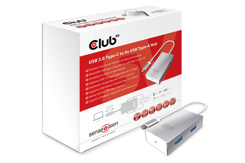CLUB3D USB 3.0 Hub Type-C to 4x USB3.0 High Speed