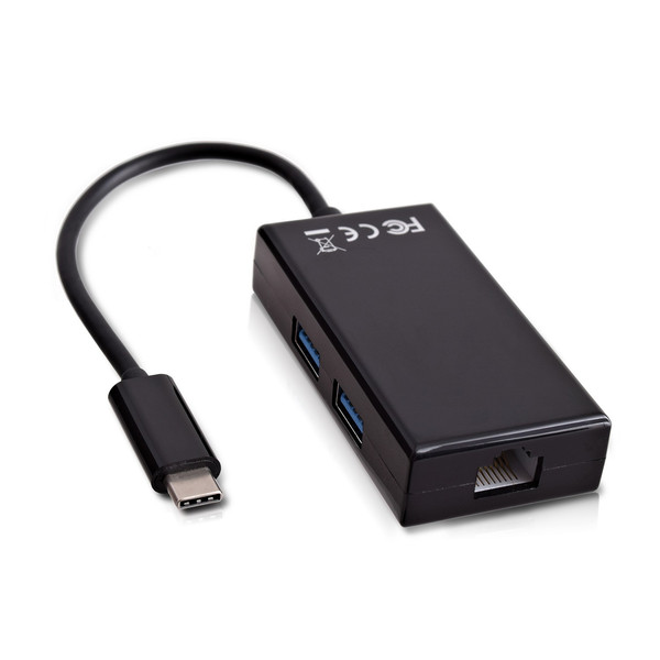 V7 USB-C male to Ethernet RJ45 / 2x USB3.0 female Adapter Black