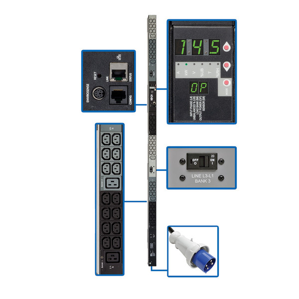 Tripp Lite 14.5kW 3-Phase Monitored PDU, 200/208/240V Outlets (42 C13 & 6 C19), IEC-309 60A Blue IP67, 10ft. Cord, 0U Vertical, TAA