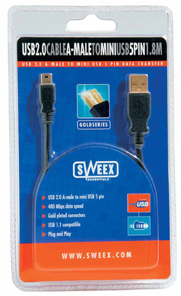 Sweex USB 2.0 Cable A-male/Mini USB 5 Pins, 1.8m 1.8м Черный кабель USB